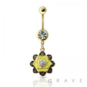 EPOXY FLOWER GEM CENTERED DANGLE 316L SURGICAL STEEL NAVEL RING