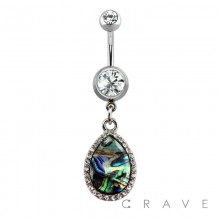 GEM PAVED TEAR DROP ABALONE DANGLE 316L SURGICAL STEEL NAVEL RING