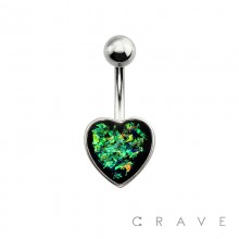 IMITATION OPAL GLITTER HEART 316L SURGICAL STEEL BELLY BUTTON RING