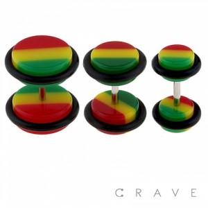 RASTA COLORED ACRYLIC FAKE PLUG W/ O-RINGS