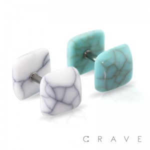 ACRYLIC SQUARE SHAPED STONE PATTERN 316L SURGICAL STEEL FAKE BARBELL PLUG
