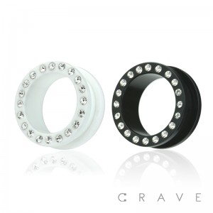 ACRYLIC MULTI GEMMED RIM BLACK & WHITE SCREW FIT TUNNEL PLUGS
