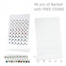 48 PCS OF ASSORTED 316L SURGICAL STEEL BARBELL WITH SINGLE PRESS FIT GEM PACKAGE WITH L-STAND