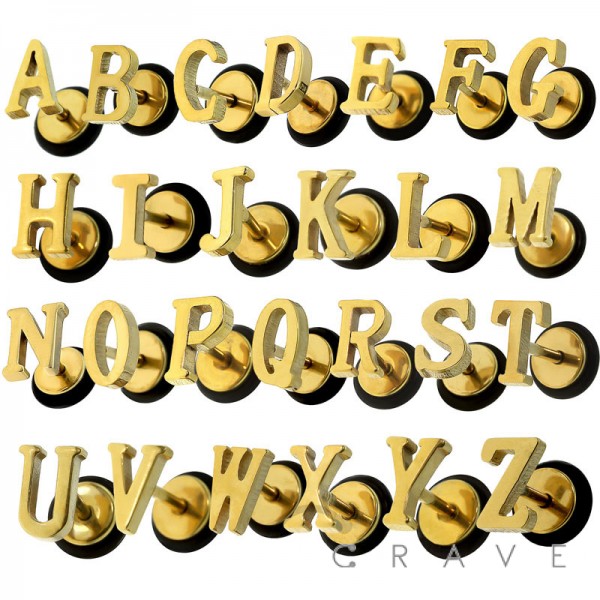 GOLD PLATED 316L SURGICAL STEEL FAKE PLUG W/ ALPHABET LETTERS A TO Z