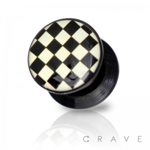 BLACK AND WHITE CHECKER PRINT TOP BLACK ACRYLIC SCREW FIT PLUG