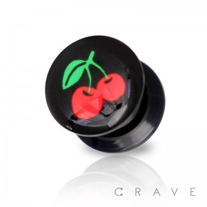 RED CHERRY PRINT TOP BLACK ACRYLIC SCREW FIT PLUG (FRUIT)