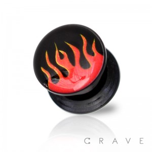 RED FLAME PRINT TOP BLACK ACRYLIC SCREW FIT PLUG