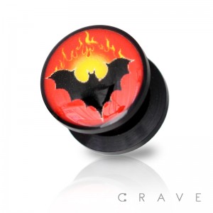 FLAMING BAT PRINT TOP BLACK ACRYLIC SCREW FIT PLUG