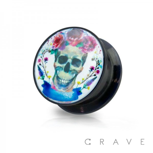 DAY OF THE DEAD FLOWER SKULL PRINT ACRYLIC SCREW FIT PLUG