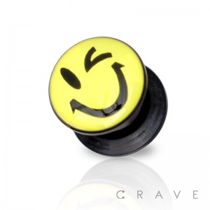 SMILEY FACE PRINT TOP BLACK ACRYLIC SCREW FIT PLUG