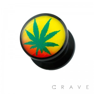 YELLOW MARIJUANA PRINT TOP BLACK ACRYLIC SCREW FIT PLUG