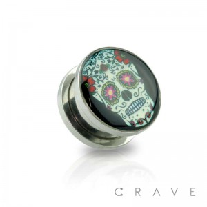SUGAR SKULL PRINT 316L SURGICAL STEEL SCREW FIT PLUG