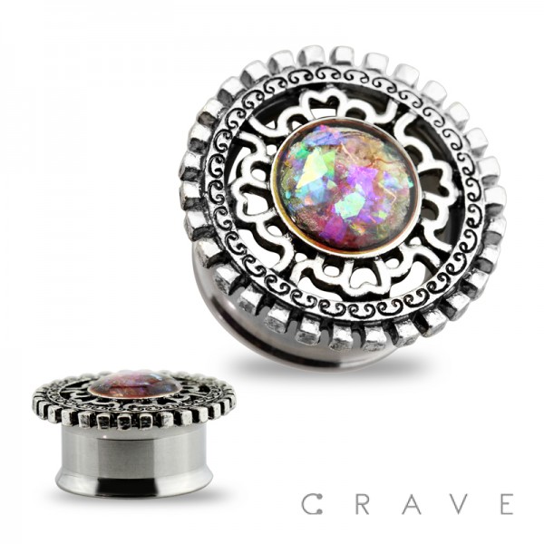 GLITTER OPAL CENTERED ANTIQUE SILVER PLATED SHIELD TOP 316L SURGICAL STEEL DOUBLE FLARED TUNNEL