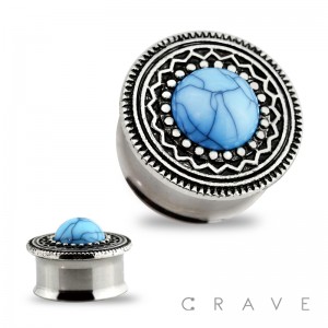 ANTIQUE TURQUOISE CENTERED SILVER PLATED SHIELD TOP 316L SURGICAL STEEL DOUBLE FLARED TUNNEL