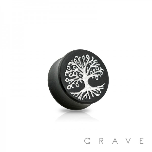 DOUBLE FLARED BLACK EBONY WOOD SADDLE PLUG WITH SILVER TREE OF LIFE FRONT