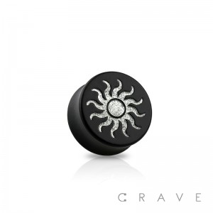 DOUBLE FLARED BLACK EBONY WOOD SADDLE PLUG WITH SILVER TRIBAL SUN FRONT