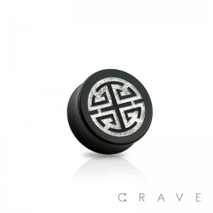 DOUBLE FLARED BLACK EBONY WOOD SADDLE PLUG WITH SILVER CHINESE SYMBOL-LU (PROSPERITY) FRONT