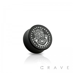 DOUBLE FLARED BLACK EBONY WOOD SADDLE PLUG WITH SILVER HAMSA HAND FRONT