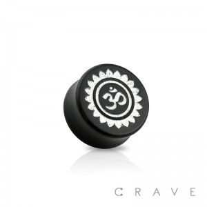 DOUBLE FLARED BLACK EBONY WOOD SADDLE PLUG WITH SILVER OM SYMBOL FRONT