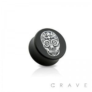 DOUBLE FLARED BLACK EBONY WOOD SADDLE PLUG WITH SILVER SUGAR SKULL FRONT
