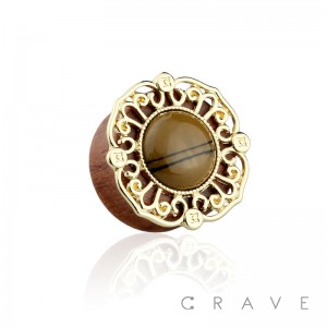 ACRYLIC STONE CENTERED TRIBAL DESIGN ORGANIC SONO WOOD SADDLE PLUG