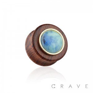 GOLD RIM ACRYLIC BLUE STONE CENTERED ORGANIC SONO WOOD SADDLE PLUG