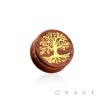 DOUBLE FLARED BEECH WOOD SADDLE PLUG WITH GOLD TREE OF LIFE FRONT