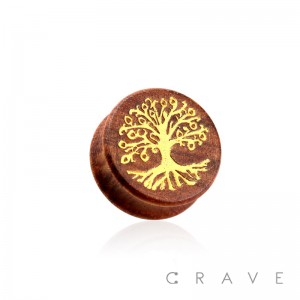 DOUBLE FLARED BEECH WOOD SADDLE PLUG WITH GOLD TREE OF LIFE FRONT