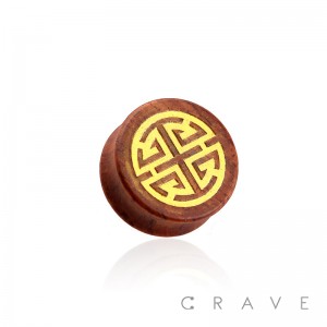 DOUBLE FLARED BEECH WOOD SADDLE PLUG WITH GOLD CHINESE SYMBOL-LU (PROSPERITY) FRONT