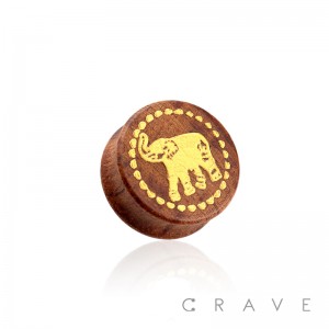 DOUBLE FLARED BEECH WOOD SADDLE PLUG WITH GOLD RING ELEPHANT FRONT (ANIMAL)
