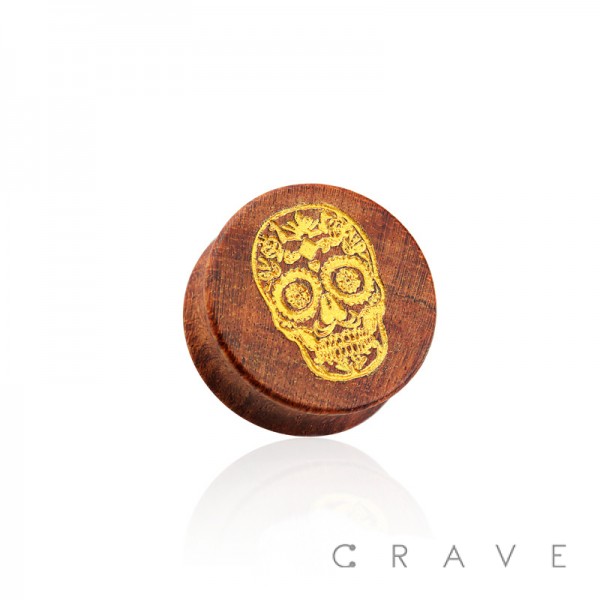 DOUBLE FLARED BEECH WOOD SADDLE PLUG WITH GOLD SUGAR SKULL FRONT