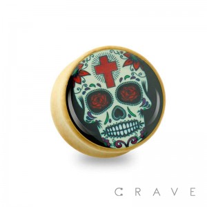 SUGAR SKULL RED CROSS PRINT ORGANIC WOOD SADDLE PLUG