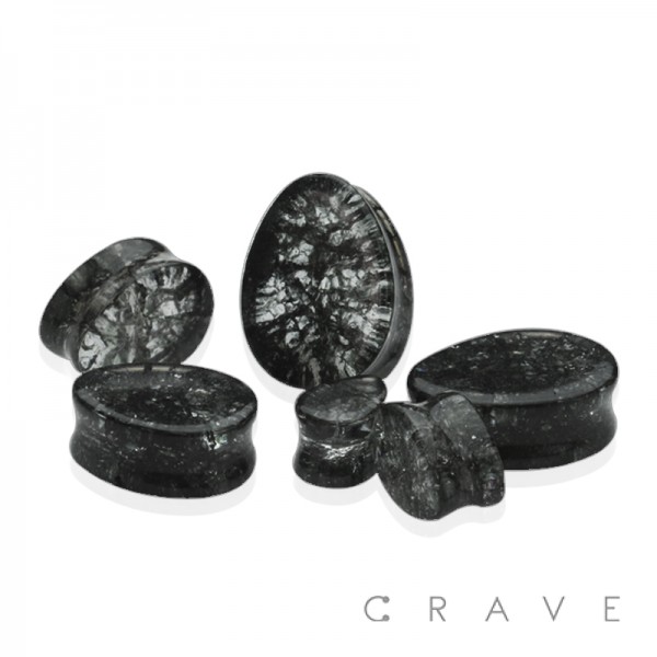 TEAR DROP BLACK TONE DOUBLE FLARED SHATTERED GLASS SADDLE PLUGS