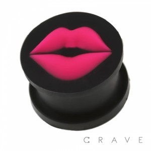 "Lip" Embossed Flexible Silicone Double Flare Black Plug