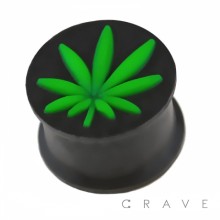 "Pot Leaf" Embossed Ultra Flexible Silicone Double Flare Black Plug