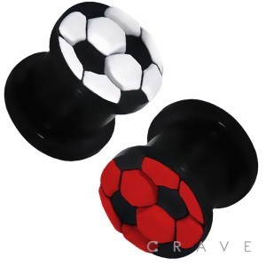 "Soccer Ball" Embossed Flexible Silicone Double Flare Black Plug
