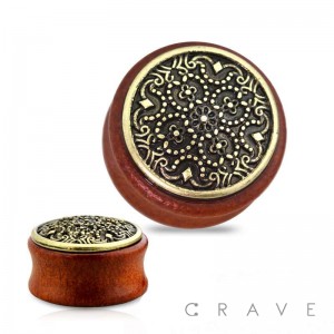 ANTIQUE GOLD TRIBAL DESIGN TOP ORGANIC SONO WOOD DOUBLE FLARED TUNNELS