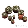ANTIQUE GOLD TRIBAL FLOWER DESIGN TOP ORGANIC SONO WOOD DOUBLE FLARED TUNNELS