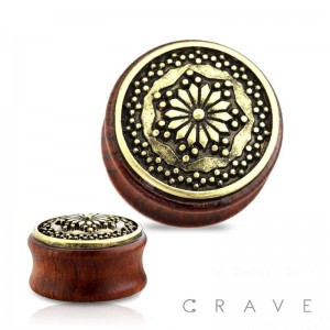 ANTIQUE GOLD TRIBAL FLOWER DESIGN TOP ORGANIC SONO WOOD DOUBLE FLARED TUNNELS