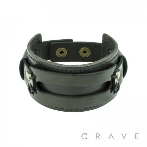 BLACK LEATHER BRACELET WITH STITCHED RECTANGLE BELT W/ ADJUSTABLE SNAP BUTTON CLOSURE
