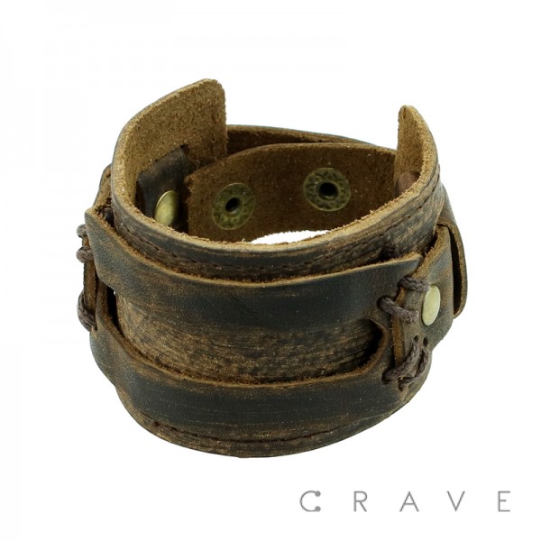 BROWN LEATHER BRACELET WITH STITCHED RECTANGLE BELT W/ ADJUSTABLE SNAP BUTTON CLOSURE