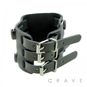 WIDE TRIPLE BUCKLE ADJUSTABLE BLACK LEATHER BRACELET
