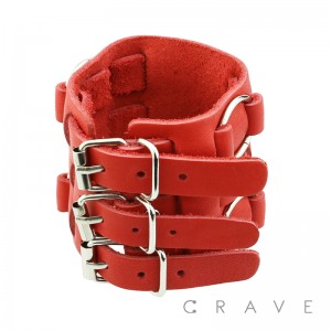 WIDE TRIPLE BUCKLE ADJUSTABLE RED LEATHER BRACELET