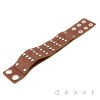 BROWN LEATHER WIDE MULTI-DOME STUDS BRACELET WITH ADJUSTABLE BUTTON CLOSURE