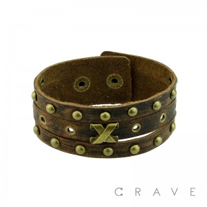 CROSS CENTERED METAL STUDS LEATHER BRACELET WITH ADJUSTABLE BUTTON CLOSURE