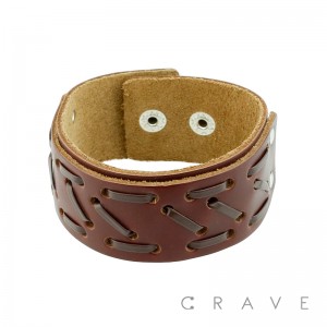 BROWN LEATHER STITCH BRACELET WITH ADJUSTABLE BUTTON CLOSURE
