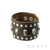 BROWN LEATHER BRACELET WITH MULTI SKULLS AND ROUND STUDS-DROP