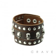 BROWN LEATHER BRACELET WITH MULTI SKULLS AND ROUND STUDS-DROP