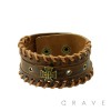 CELTIC CROSS CENTER WITH STITCHED BORDERS BROWN LEATHER BRACELET