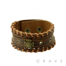 CELTIC CROSS CENTER WITH STITCHED BORDERS BROWN LEATHER BRACELET
